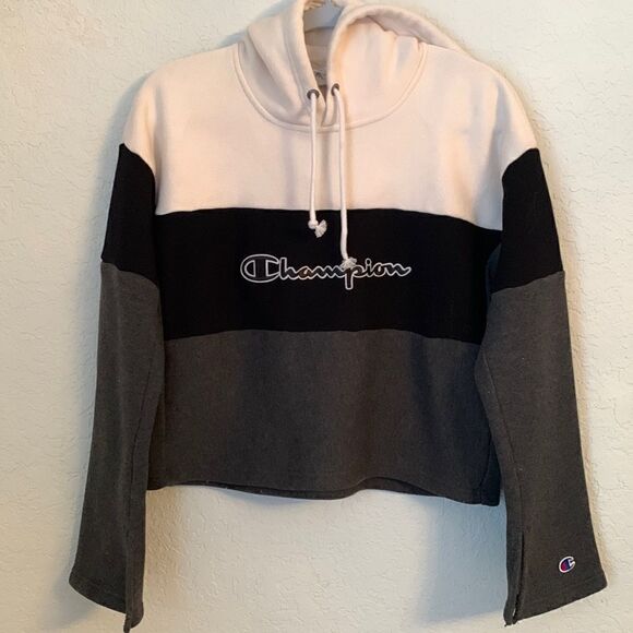 Champion Reverse Weave White/ Black/ Gray Cropped Hoodie. Size M (L) - Picture 1 of 10